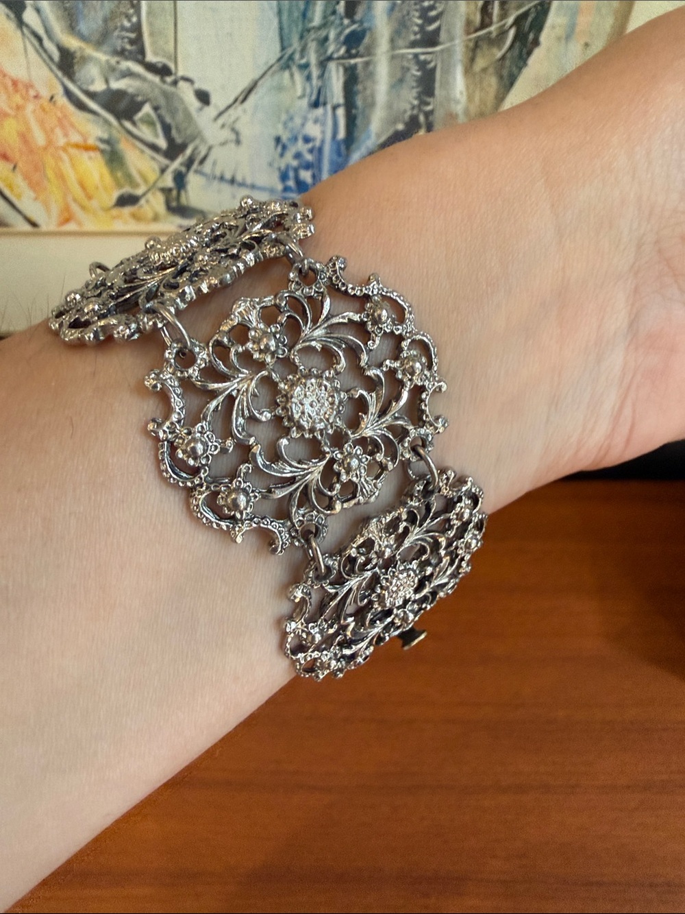 Vintage Silver Floral Filigree Bracelet - Silver Tone - Picture 7 of 9